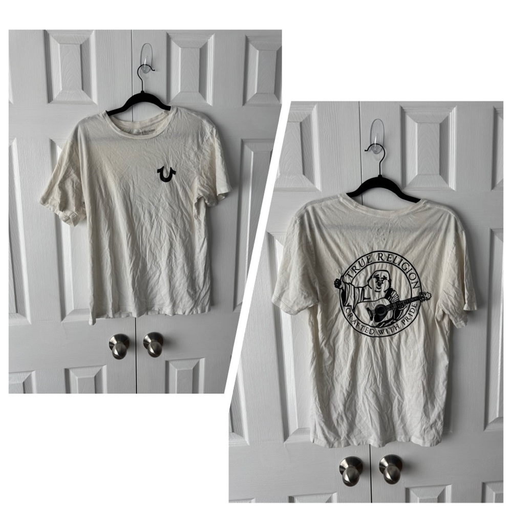 True Religion Off White Cream Cotton Graphic Tee Black Horseshoe & Buddha Print